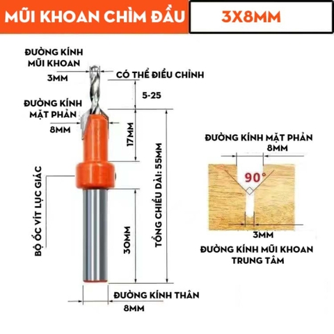 Mũi Khoan Hợp Kim Tạo Lỗ Âm, Mũi Khoan Bậc Cho Thợ Mộc