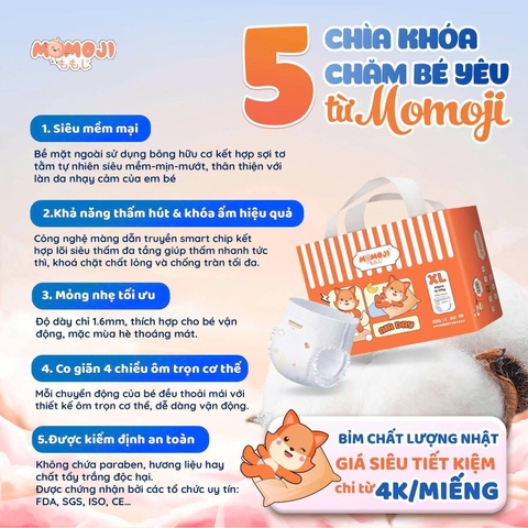 [Mới] Tã/Bỉm Quần MOMOJI AIR DRY Đai Chun Cao Cấp, Mỏng Mềm, Thoáng Khí, Siêu Thấm Hút Cho Bé
