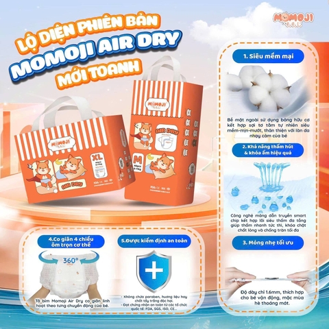 [Mới] Tã/Bỉm Quần MOMOJI AIR DRY Đai Chun Cao Cấp, Mỏng Mềm, Thoáng Khí, Siêu Thấm Hút Cho Bé