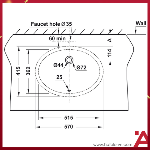 CHẬU SỨ ÂM BÀN SAPPORO Hafele 570X415X205 588.79.015