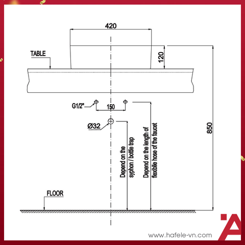 CHẬU SỨ ĐẶT BÀN Hafele SAPPORO 420X420X145 588.79.031