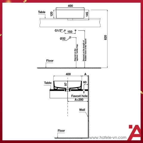 CHẬU SỨ ĐẶT BÀN VIGOR Hafele 400X145  588.79.060