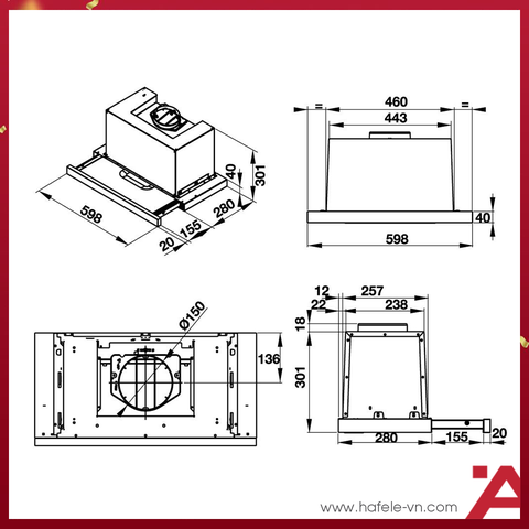 MÁY HÚT MÙI ÂM TỦ MẶT KÍNH ĐEN Hafele HH-TG60E 539.81.073