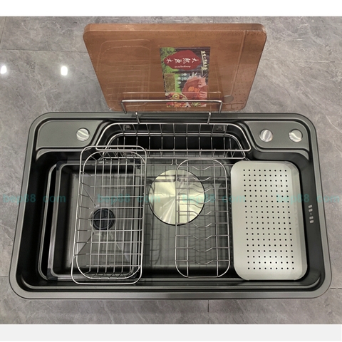 Chậu rửa bát 1 hố bán nguyệt cài thớt nano đen inox 304