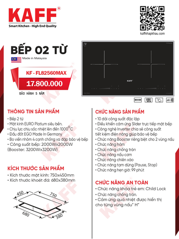 Bếp từ đôi Kaff KF FL82560max | Mâm E.G.O đức | Bảo hành 5 năm | Nhập khẩu Malaysia