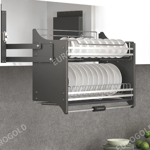 Giá Bát Đĩa Nâng Hạ INOX 304 Nan Dẹt Khung Màu Ghi EUI304170 (EUT9170VX) Eurogold