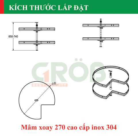Mâm xoay 270 inox SUS304 nan dẹt đáy melamin Grob GM304-270.9