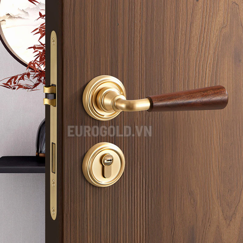 Khóa Cửa Đi Thông Phòng Hợp Kim Cao Cấp,tay Cầm Bằng Gỗ Óc Chó Kiểu Pháp BH72F367 Eurogold