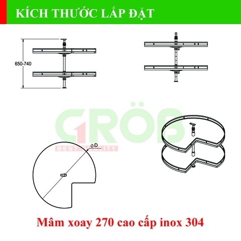 Mâm xoay 270 inox SUS304 nan dẹt đáy melamin Grob GM304-270.8