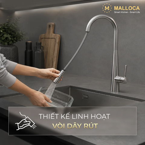 Vòi Rửa Chén Nóng Lạnh Dây Rút INOX 304 Malloca K095SS