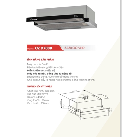 Máy hút mùi canzy D700B | Có inventer | Thế hệ mới
