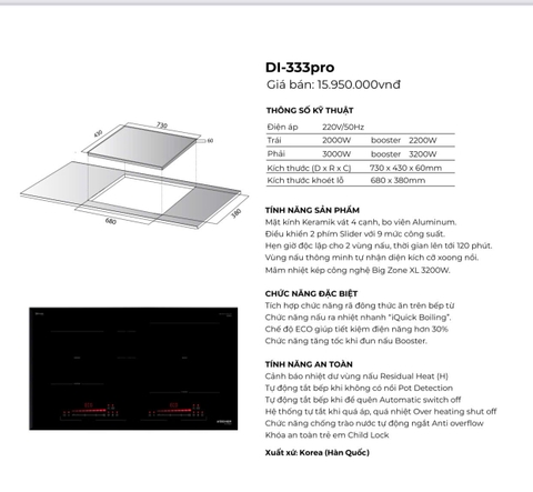 Bếp 2 từ Kocher DI 333 Pro Tặng máy hút mùi 350D