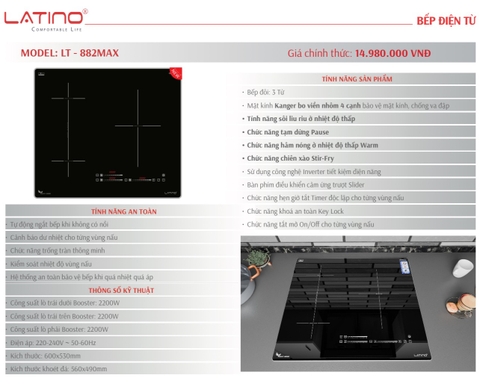 Bếp 3 từ Latino LT 882MAX | 3 vùng nấu |Bảo hành chính hãng 3 năm tại nhà