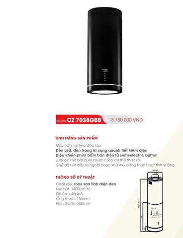Máy hút mùi độc lập Canzy CZ 7038GBB | Máy hút mùi đảo | Bảo hành chính hãng 2 năm