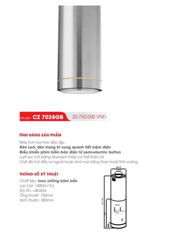 Máy hút mùi độc lập Canzy CZ 7038GB | Máy hút mùi đảo | Bảo hành chính hãng 2 năm