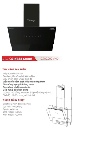Máy hút mùi Canzy KB88 Smart | Cảm ứng vẫy tay sang trọng