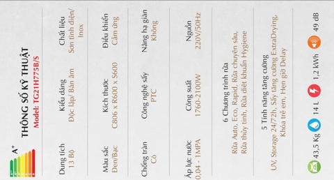 Máy rửa bát Texgio Dishwasher TG21H775B - 13 Bộ Sấy Khí Nóng, Diệt Khuẩn UV