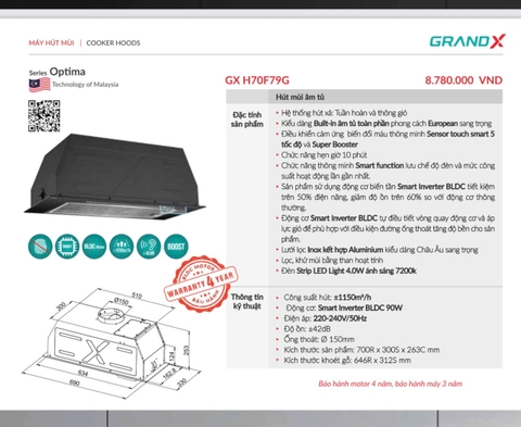 Máy Hút Mùi Âm Tủ GRANDX GX H70F79G