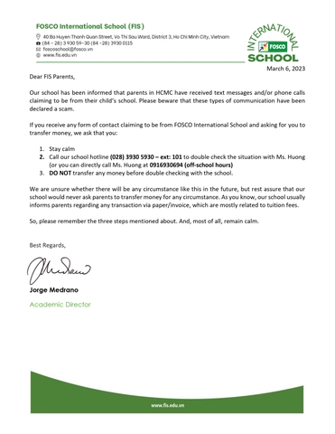 Letter to Parents Beware of Scam