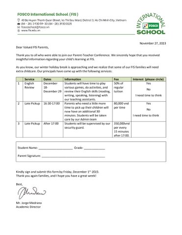 English Review & Late Pickup program for our winter holiday break