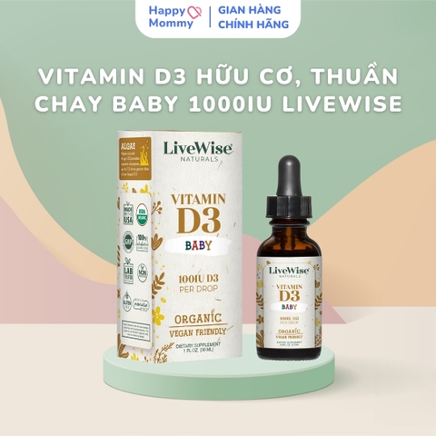 Vitamin D3 Hữu Cơ, Thuần Chay Baby 1000IU LiveWise Cho Trẻ (0M+)