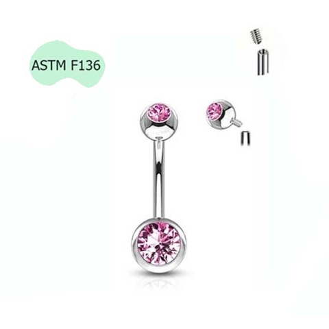Khuyên rốn Titanium ren trong đính đá hồng - Chất lượng cao