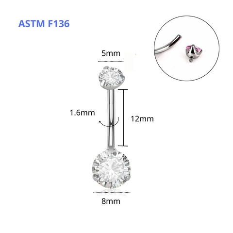 Khuyên rốn đá tròn CZ 3 chấu - màu trắng - Titanium