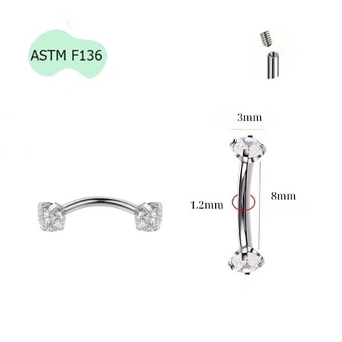 Khuyên cơ bản đính đá - Titanium - 1.2*8*3/3mm