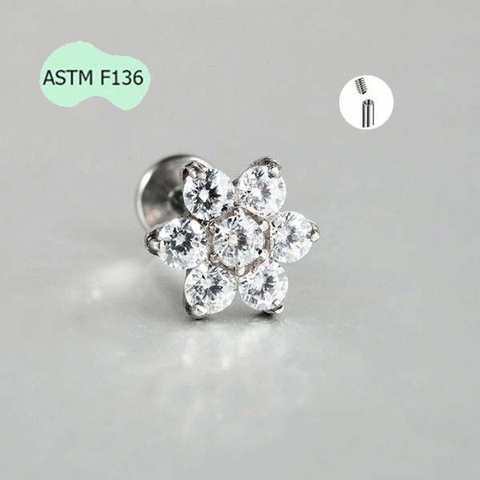 Khuyên Titanium bông hoa 6 cánh lấp lánh - 1.2*8mm