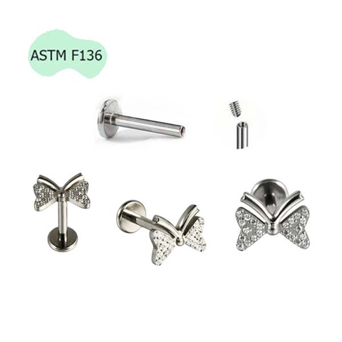 Khuyên tai hình con bướm đính đá - 1.2*8mm - Titanium
