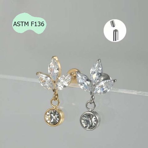 Khuyên tai titanium 3 lá đính đá tòn ten - 2 màu - 1.2*8mm
