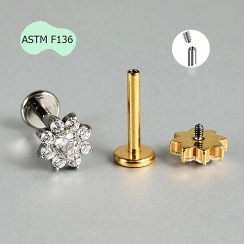 Khuyên tai Titan hình bông hoa đính đá - 2 màu - 1.2*8mm