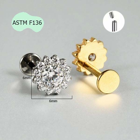 Khuyên tai Titan hình bông hoa đính đá - 2 màu - 1.2*8mm