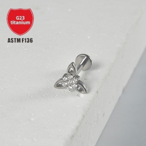 Khuyên tai tam giác bông hoa đính đá - Titanium - 1.2*8mm