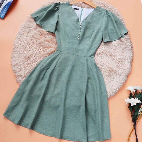 Đầm công sở xanh xòe thiết kế đẹp cổ v thời trang thanh lịch trẻ trung hợp đi làm đi tiệc