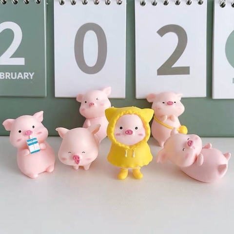 Set 6 mô hình lợn hồng heo hồng để bàn mini biểu cảm ngộ nghĩnh dễ thương trang trí góc học tập, làm việc