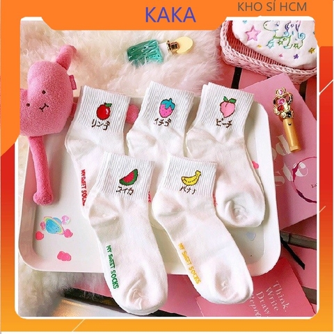 SET 5 ĐÔI TẤT CỔ VỪA MÀU TRẮNG HOA QUẢ HÀNG XỊN CÓ CHỮ