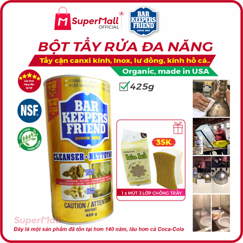 Bar Keepers Friend - Bột tẩy rửa đa năng BKF, tẩy sạch cặn canxi kính nhà tắm, đánh bóng lư đồng, kính hồ cá