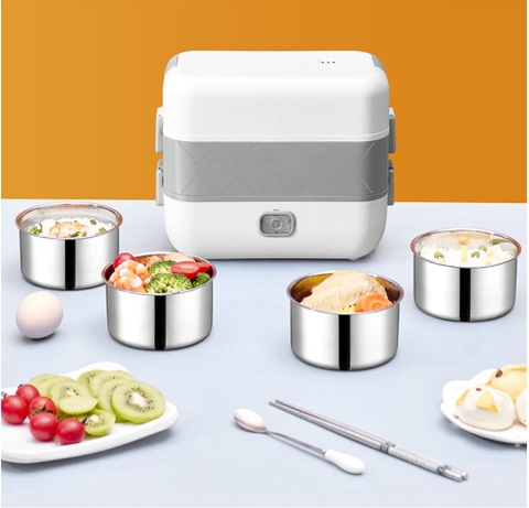 Hộp cơm điện giữ nhiệt văn phòng LUNCH BOX, hâm nóng và tự nấu chín thức ăn, 2 tầng 4 khay, cắm điện 220V