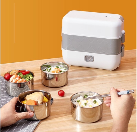 Hộp cơm điện giữ nhiệt văn phòng LUNCH BOX, hâm nóng và tự nấu chín thức ăn, 2 tầng 4 khay, cắm điện 220V