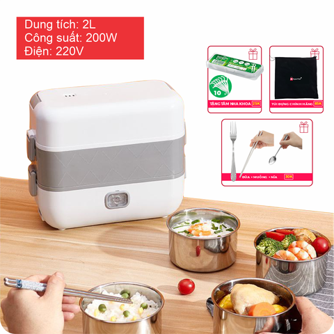 Hộp cơm điện giữ nhiệt văn phòng LUNCH BOX, hâm nóng và tự nấu chín thức ăn, 2 tầng 4 khay, cắm điện 220V