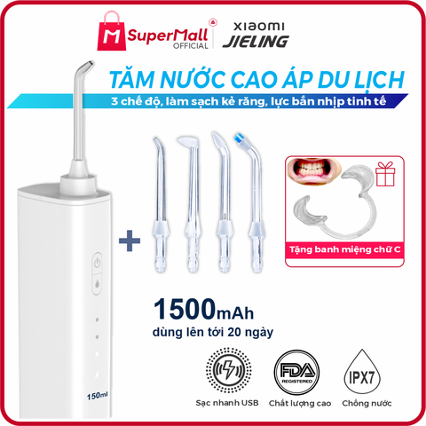 Máy tăm nước cầm tay cao áp du lịch Xiaomi Jieling, 1500mA dùng 20 ngày, 4 đầu vòi, chống nước IPX7