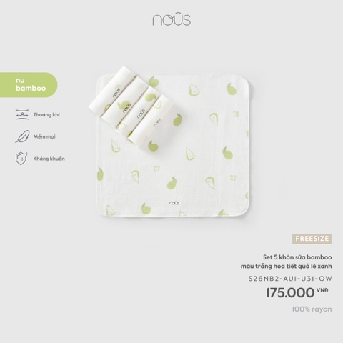 Set 5 khăn sữa bamboo màu trắng họa tiết quả lê xanh