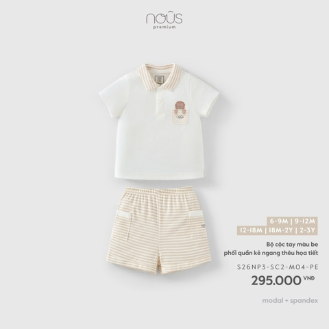 Bộ cộc tay màu be phối quần kẻ ngang thêu họa tiết