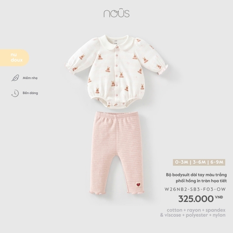 Bộ bodysuit dài tay màu trắng phối hồng in tràn họa tiết