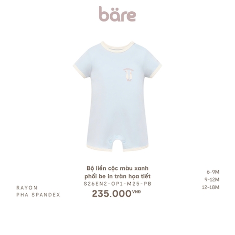 Bộ liền cộc màu xanh phối be in tràn họa tiết
