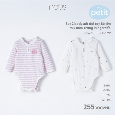 Set 2 Bodysuit Dài Tay Kẻ Tím Mix Màu Trắng In Họa Tiết NU1198