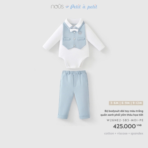 Bộ bodysuit dài tay màu trắng quần xanh phối yếm thêu họa tiết