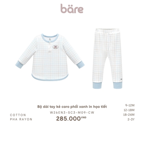 Bộ dài tay kẻ caro phối xanh in họa tiết