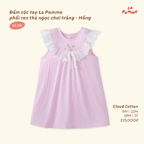 Đầm cộc tay La Pomme phối ren thỏ ngọc chơi trăng